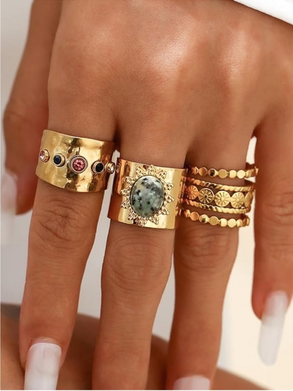 New 24k Gold Plated Mixed Stone & Textured Band Ring Set Adjustable
